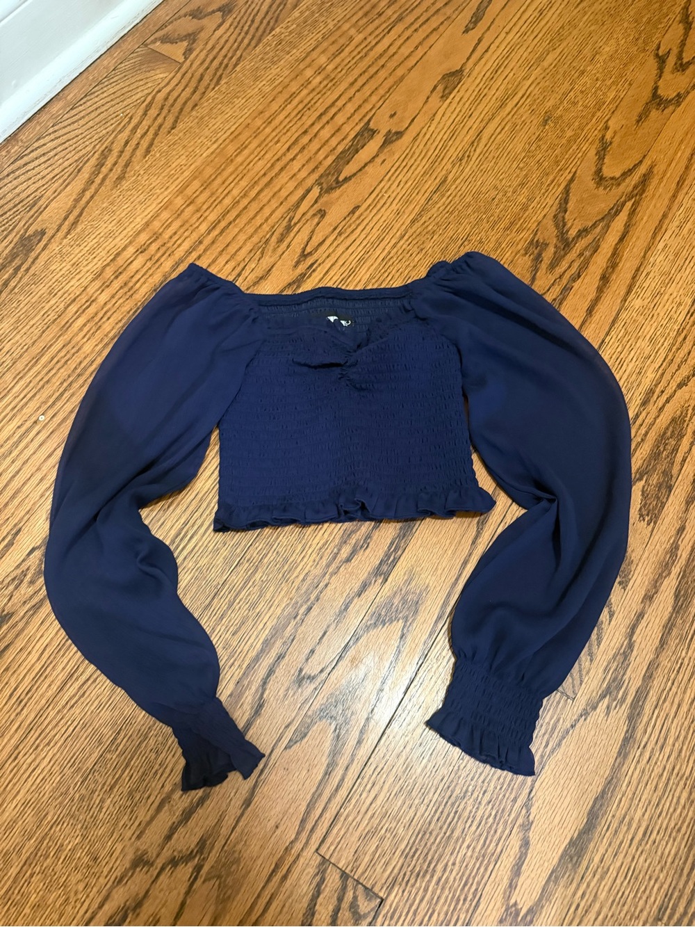 Katie J NYC Navy Smocked Off-Shoulder Crop Top